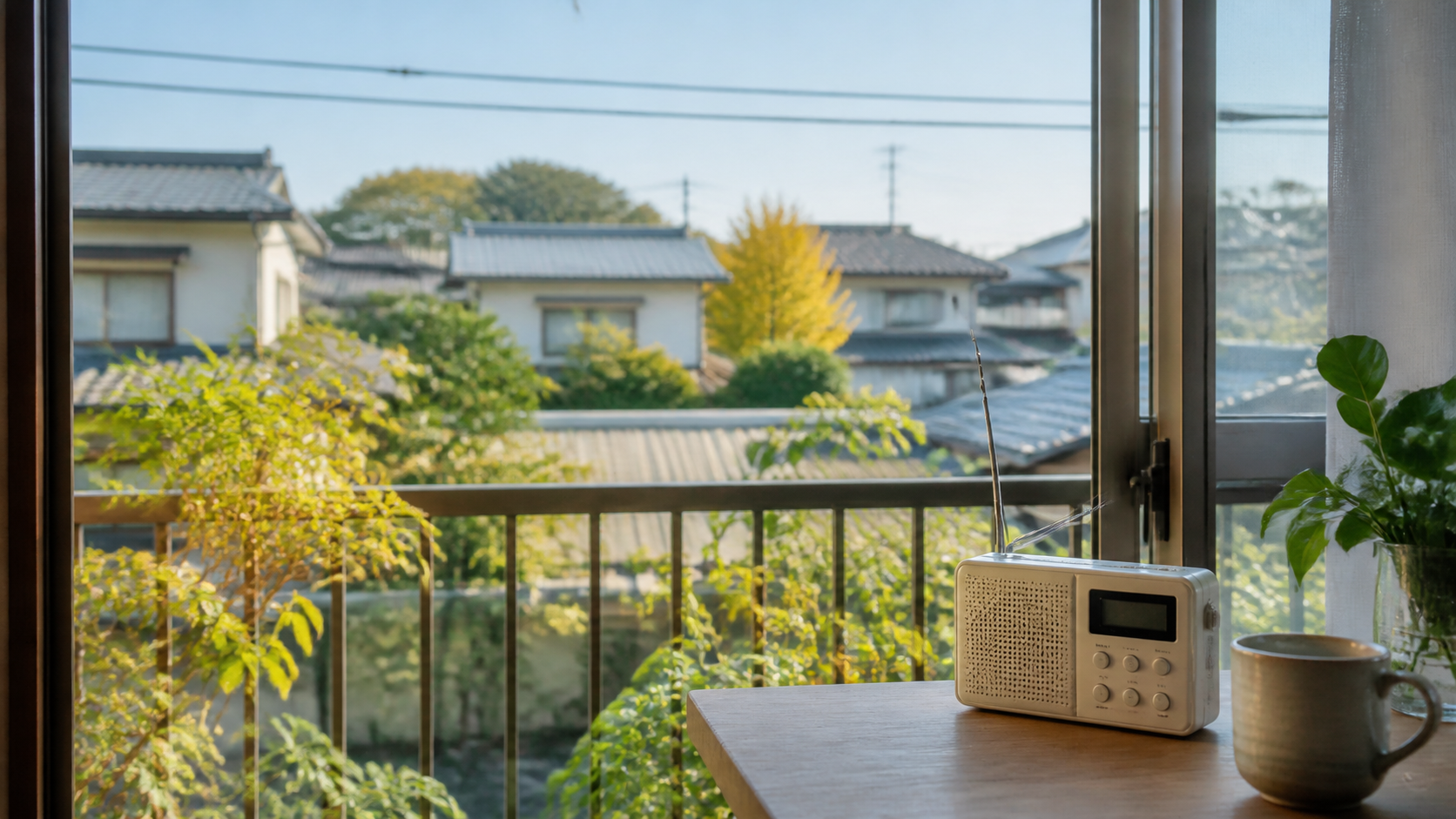 晴れた秋の日に室内から近所とラジオを見る様子