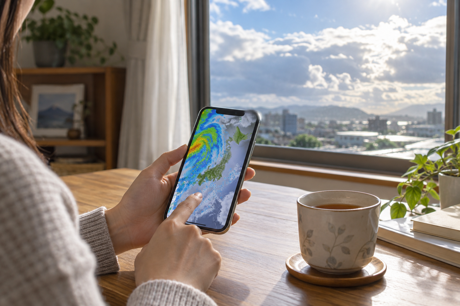 天気情報をスマートフォンで確認する様子