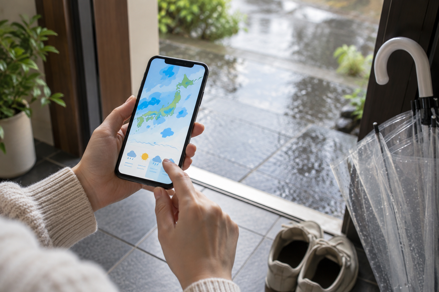 天気予報をスマートフォンで確認する手元と傘