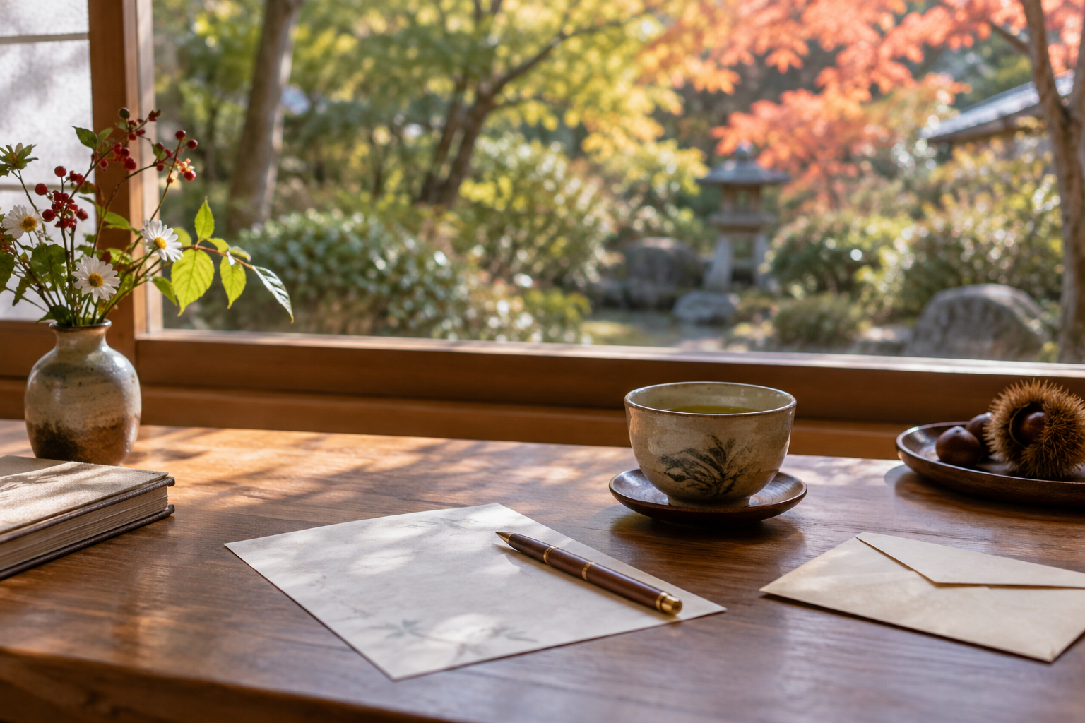 秋の庭を望む窓辺で手紙とお茶を置いた机
