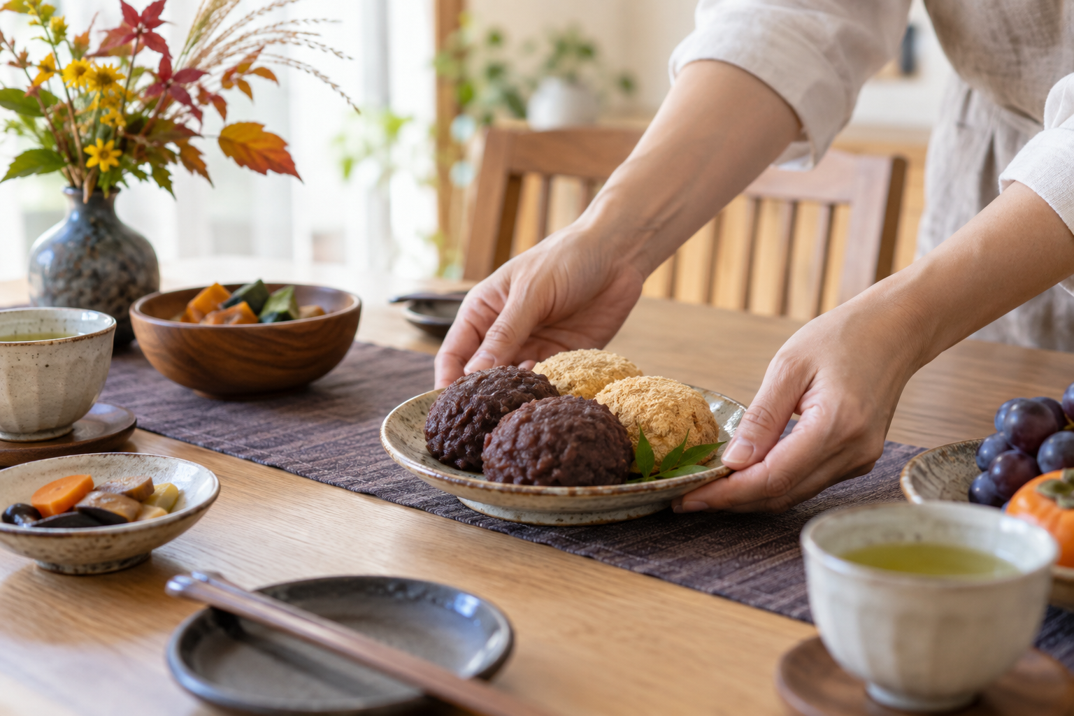秋の食卓におはぎの皿を置く手元