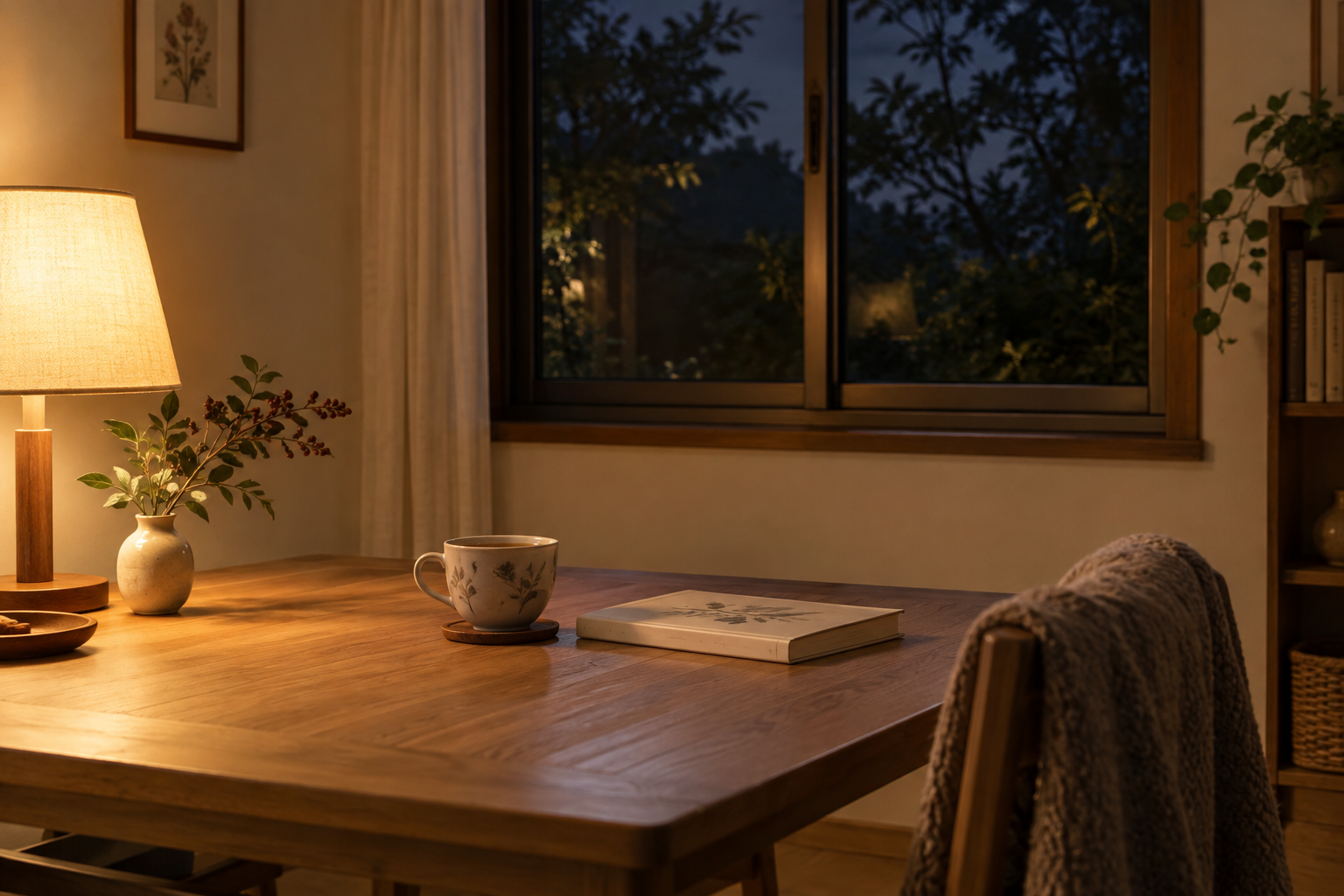 窓を閉めて静かに過ごす秋の夜の部屋