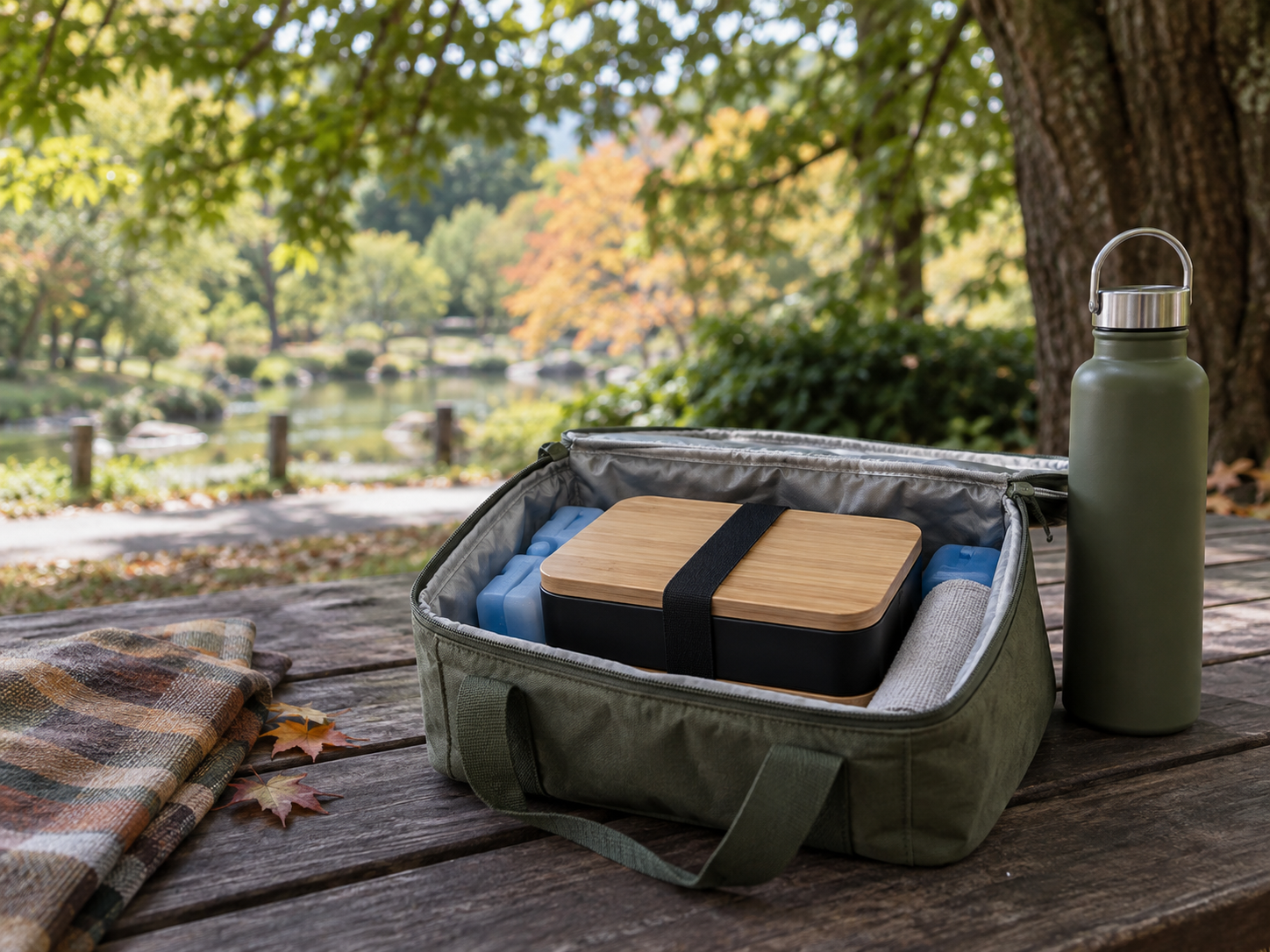 木陰のテーブルに置いた保冷バッグとお弁当