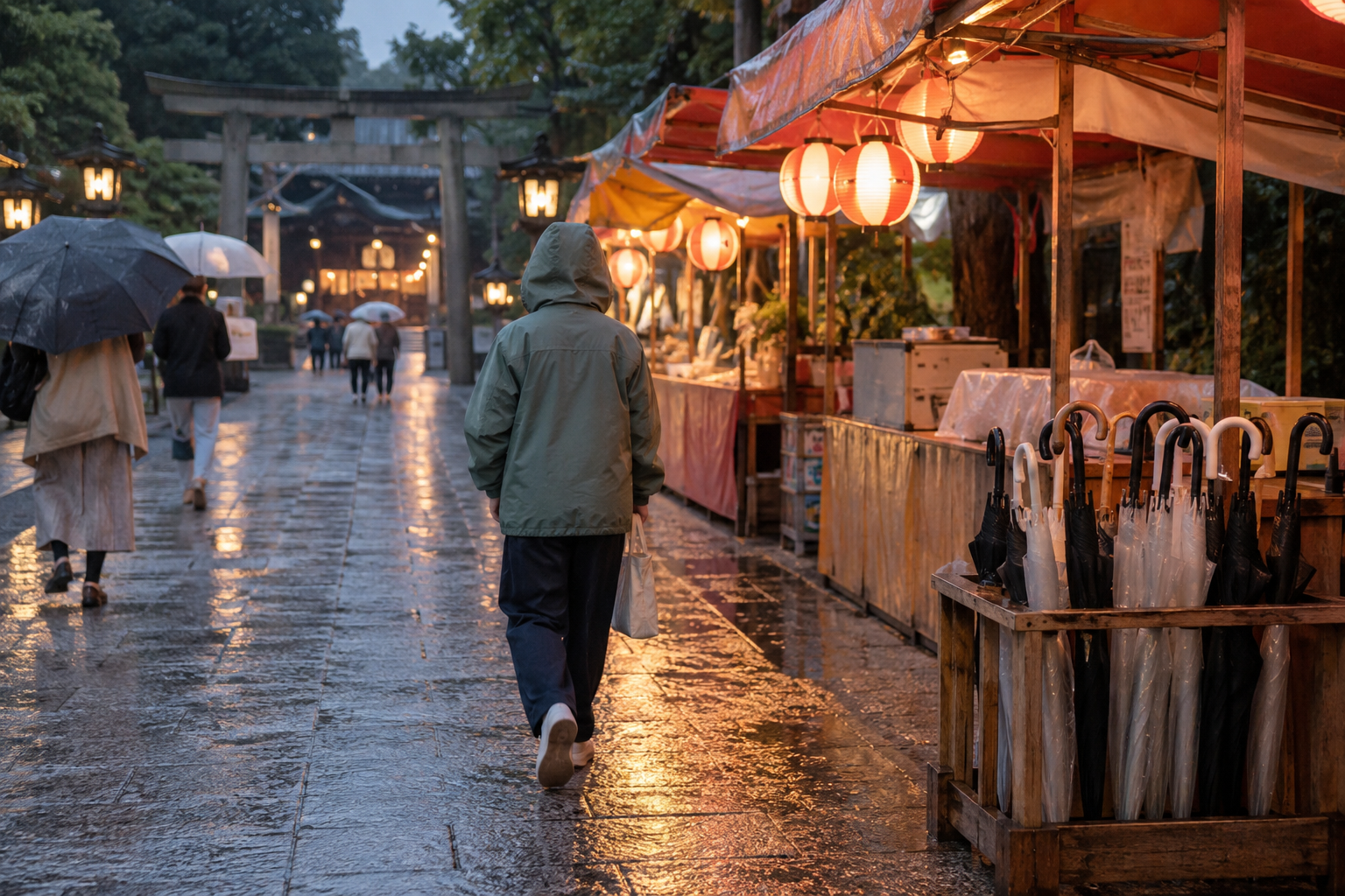 雨の日の屋台のそばで傘をまとめて置き、歩く人の後ろ姿
