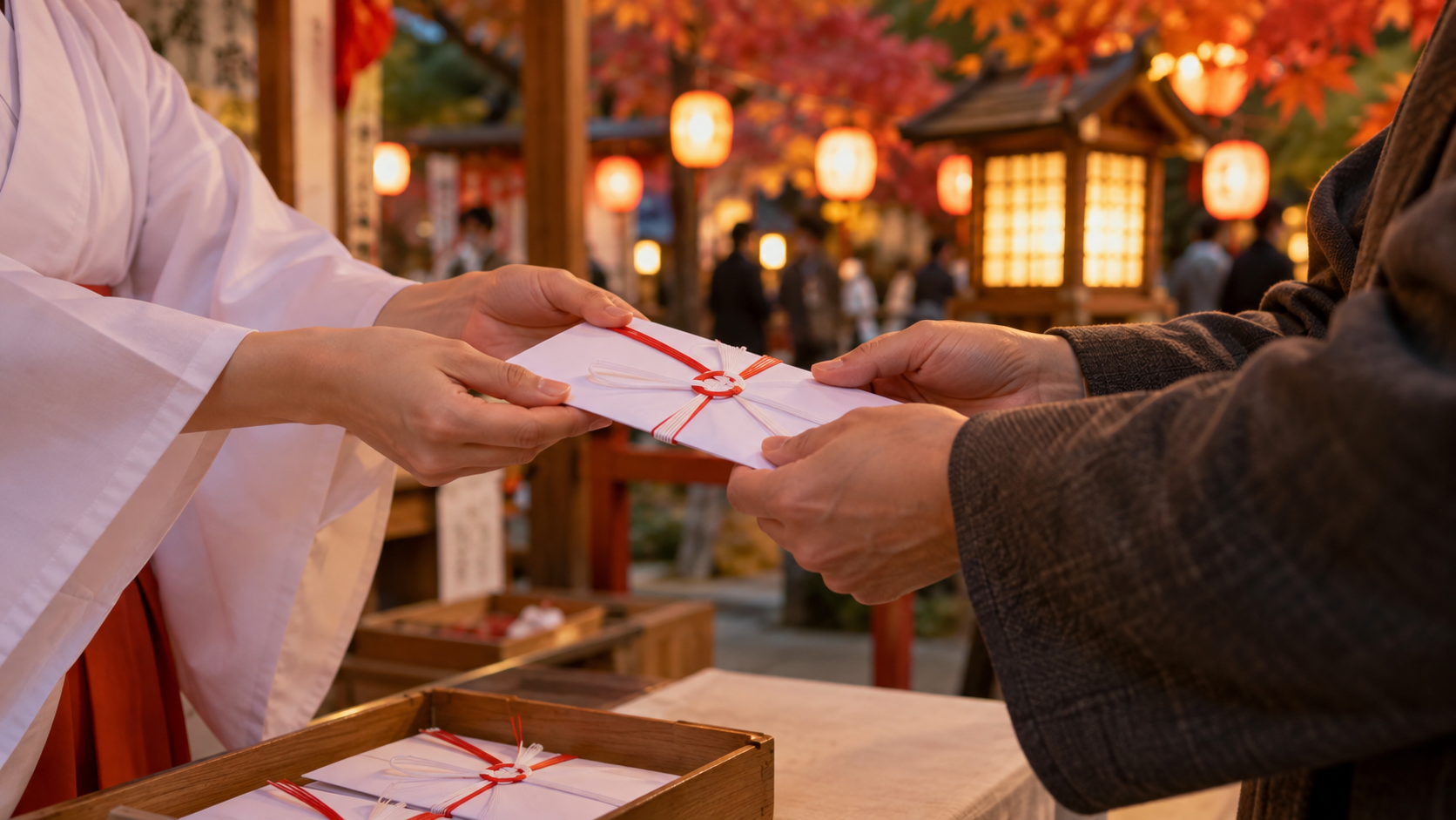秋祭りの受付で祝儀袋を両手で渡す手元