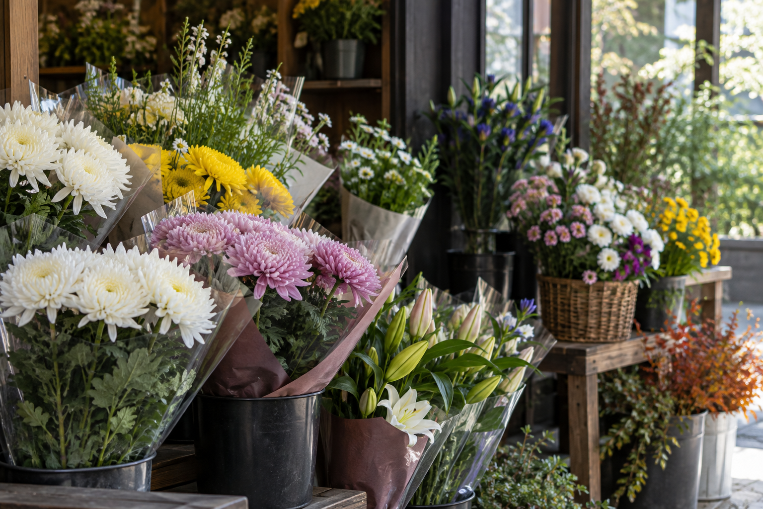 秋の花が並ぶ、落ち着いた雰囲気の花店の様子