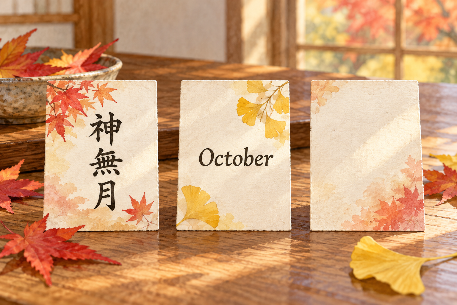 神無月とOctoberの紙札を秋の葉と並べたイラスト