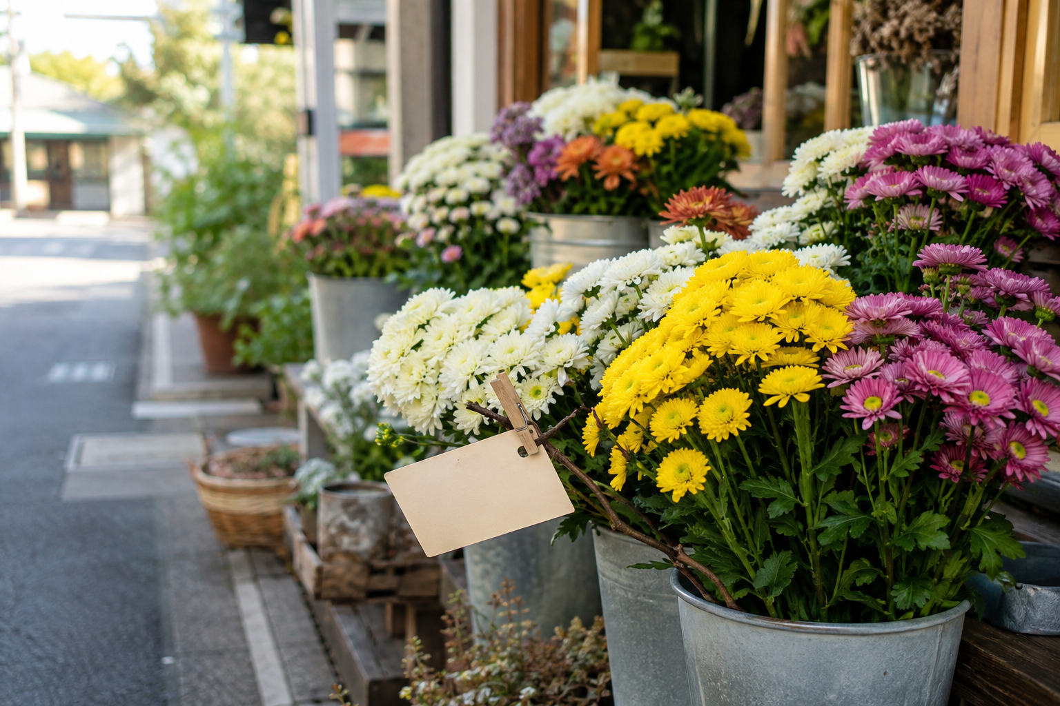 花屋に自然に並ぶ色とりどりの菊