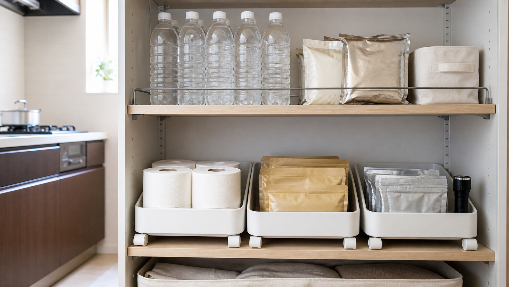 キッチン棚で水や非常用品を整える様子
