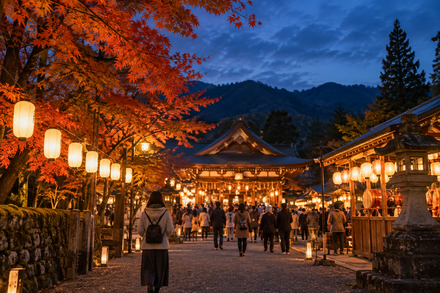 夕暮れの秋祭りの提灯と薄手の羽織を着た人の後ろ姿