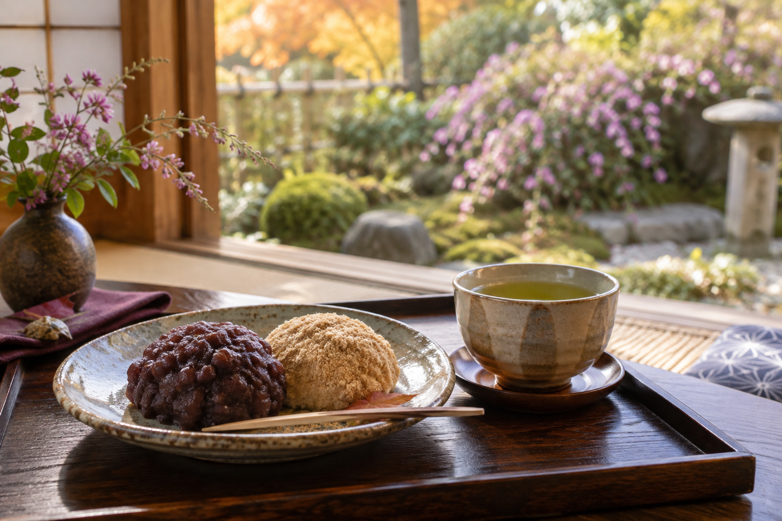 庭の萩を眺めながらおはぎとお茶を楽しむ秋の午後