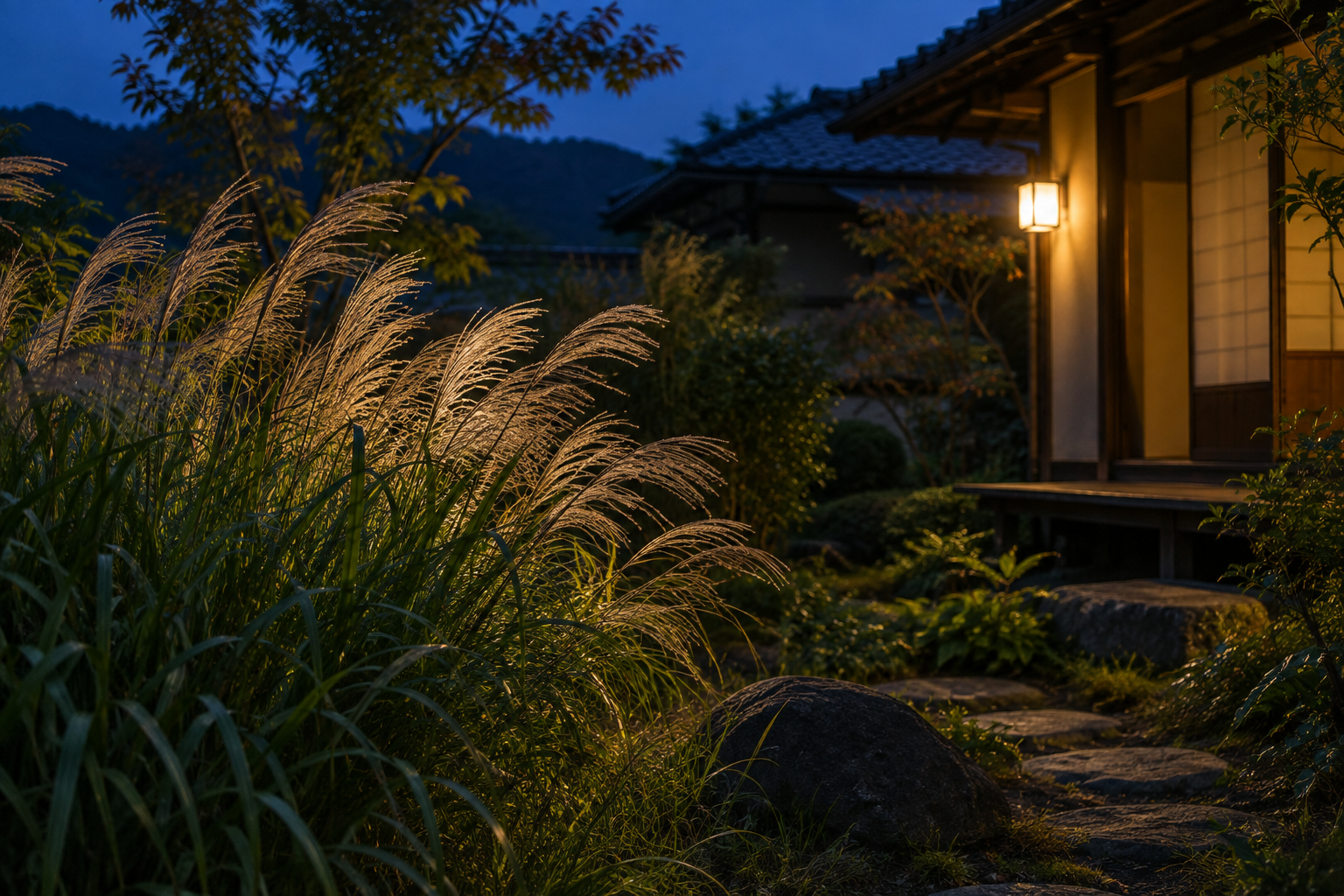秋の夜の草むらと庭の灯り