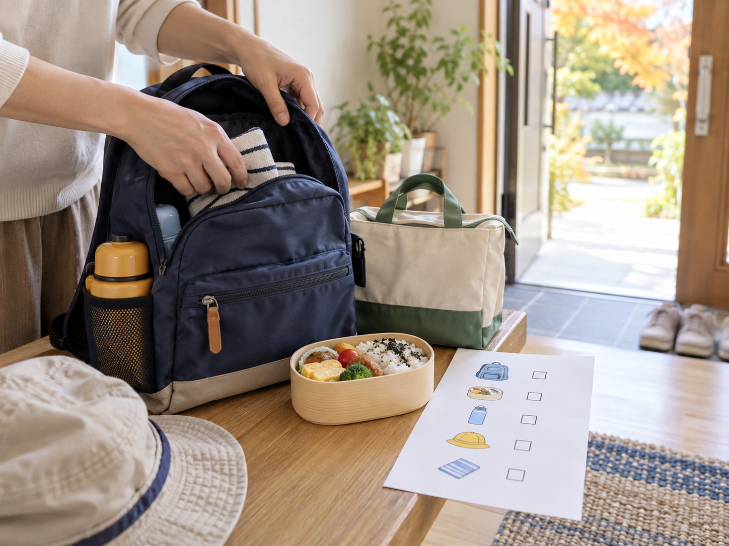 玄関で遠足のバッグとお弁当を確認する手元