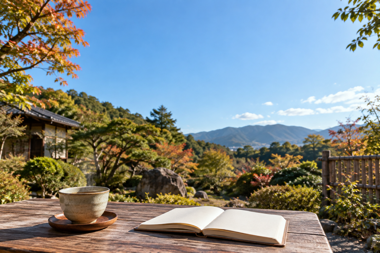 秋の庭で湯のみと開いたノートの向こうに澄んだ空が広がる様子