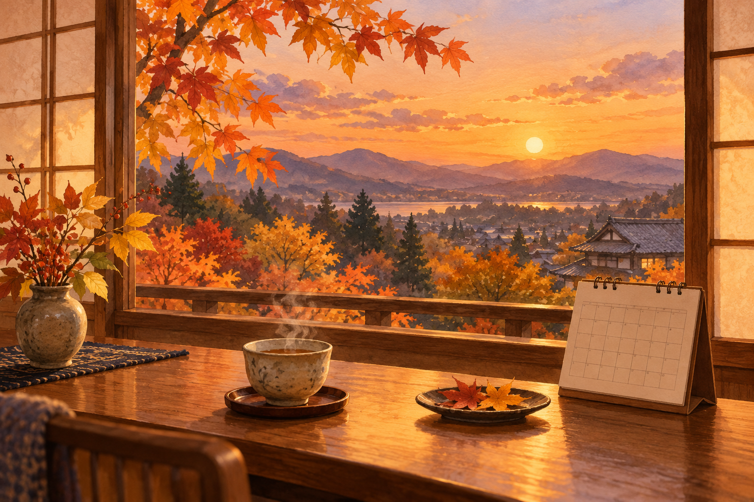 秋の夕暮れの窓辺にあるカレンダーとお茶