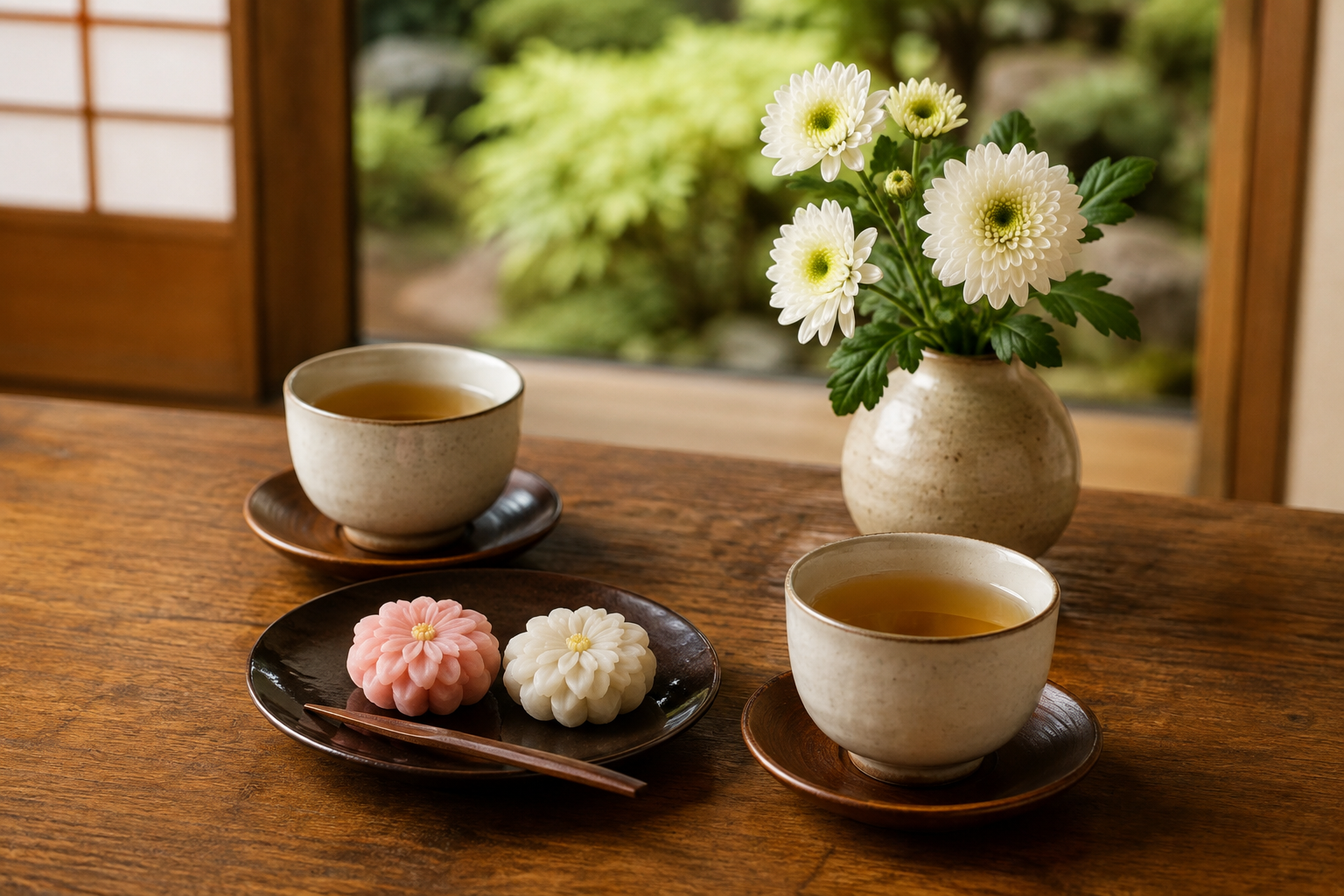 菊と和菓子、お茶で秋を楽しむ家庭のテーブル