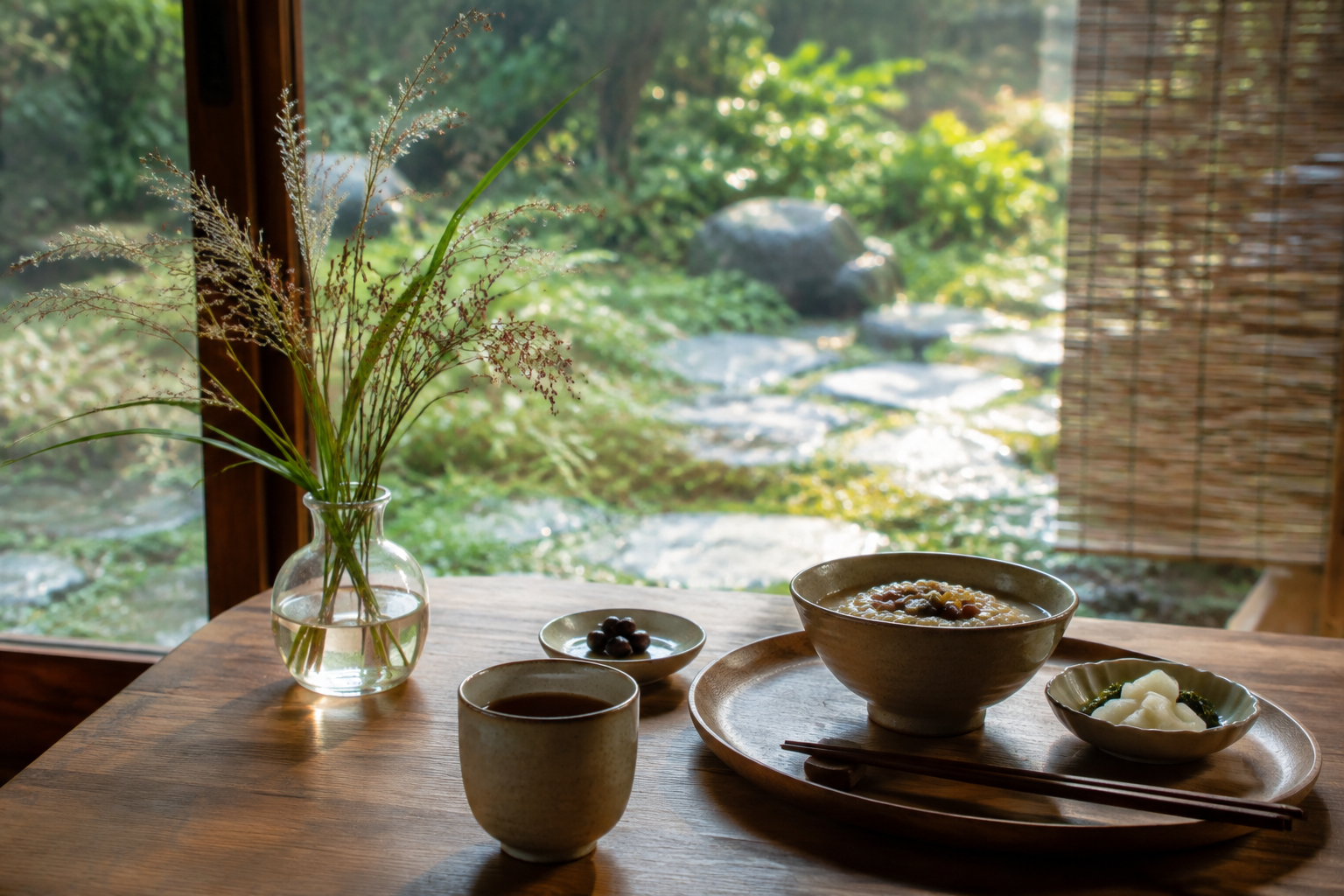 草花と湯のみを置いた初秋の朝の食卓