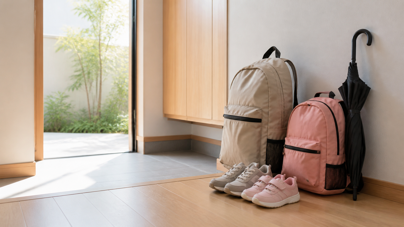 確認後の整った玄関と親子用の小さなバッグ