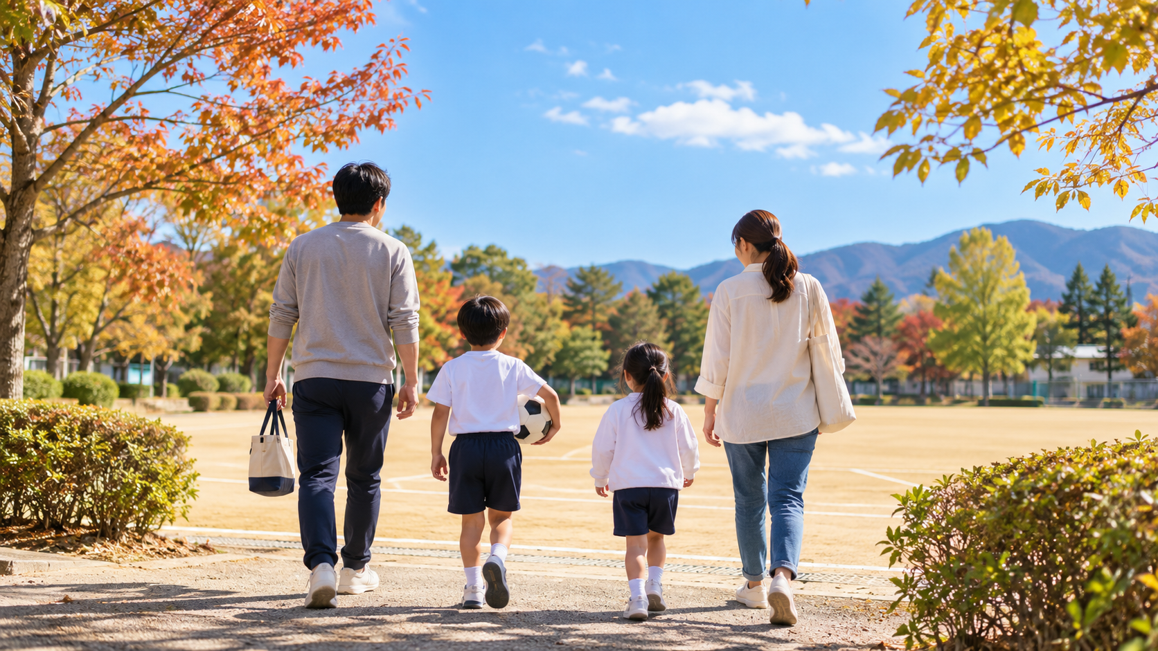 秋の公園の運動場へ歩いて向かう家族