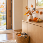 控えめなハロウィン飾りと収納かごがある秋の玄関