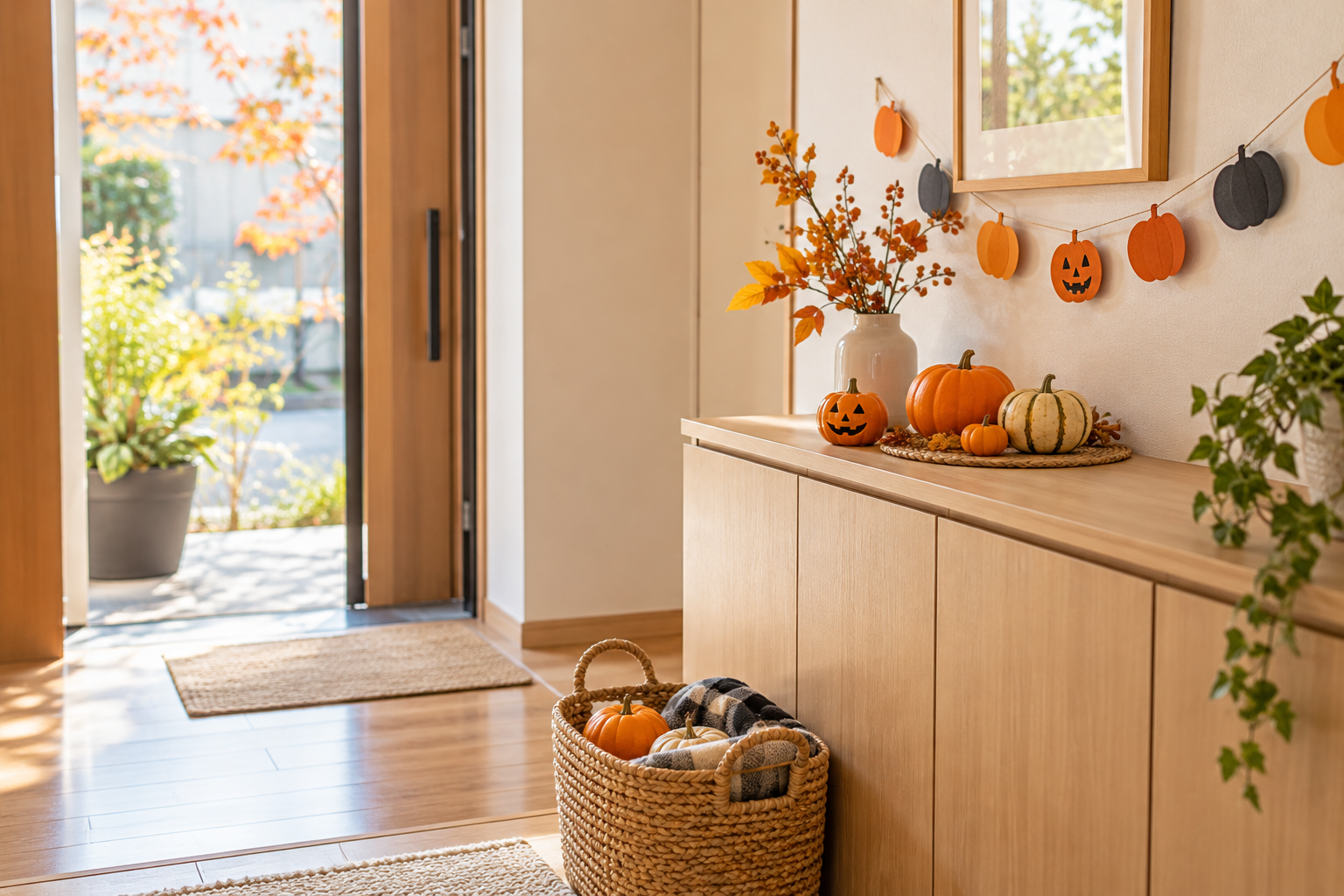 控えめなハロウィン飾りと収納かごがある秋の玄関