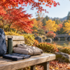 紅葉の公園ベンチに置いた散策バッグ、羽織り、飲み物と携帯クッション