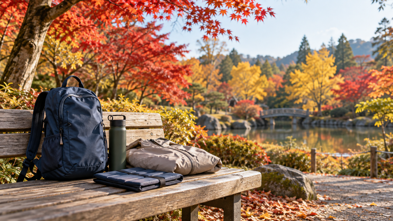 紅葉の公園ベンチに置いた散策バッグ、羽織り、飲み物と携帯クッション