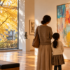 秋の美術館で絵画を見る親子の後ろ姿