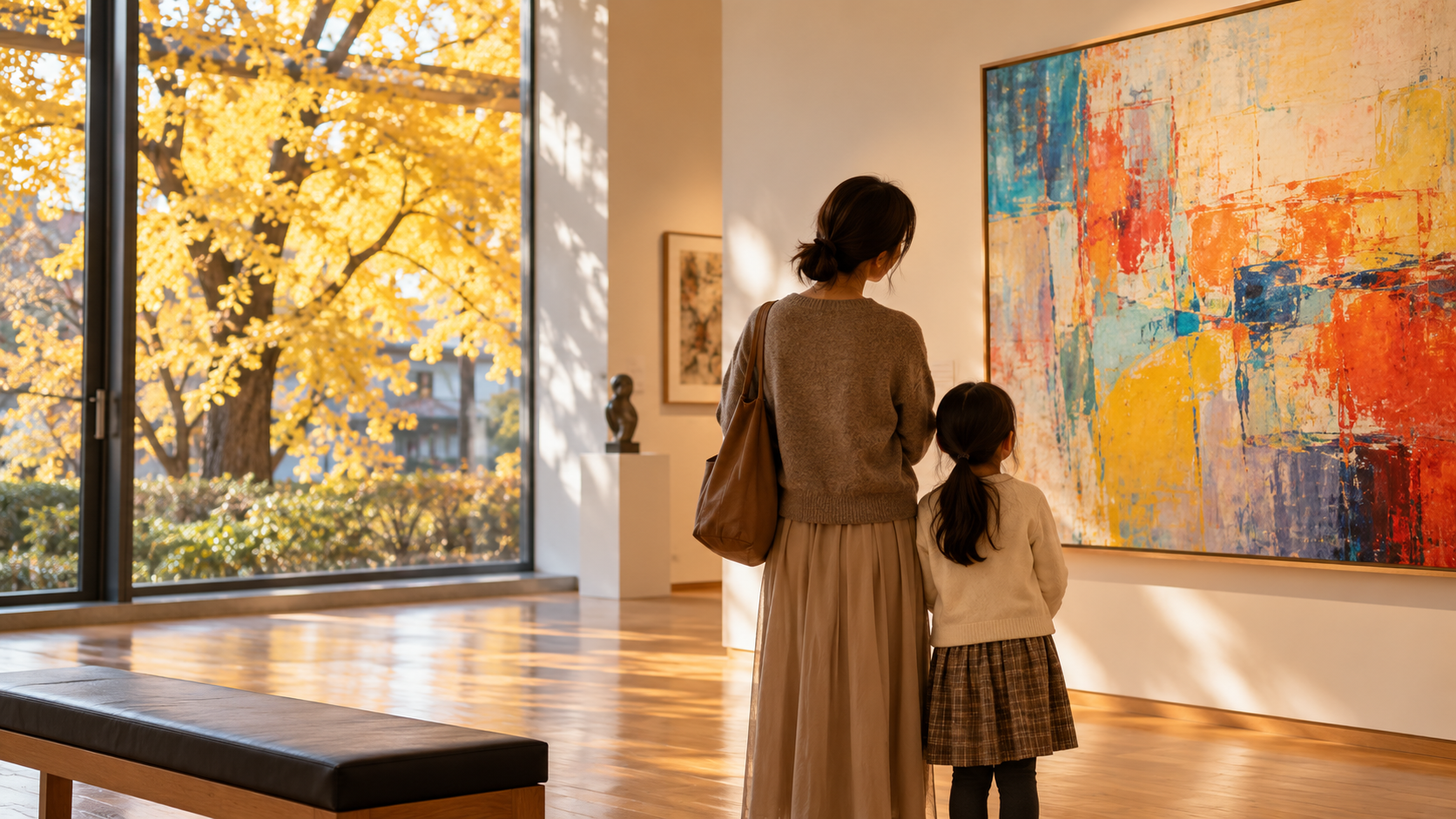 秋の美術館で絵画を見る親子の後ろ姿