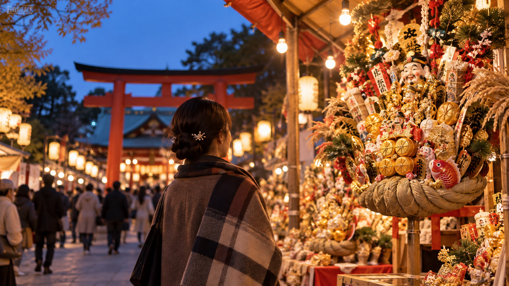 夕暮れの神社参道で熊手が並ぶ酉の市の風景