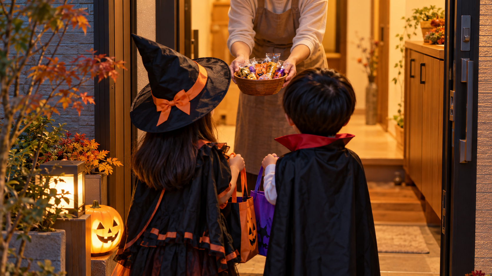 ハロウィンの仮装をした子どもたちが玄関でお菓子を受け取る様子