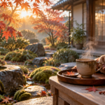 晩秋の庭を背景に、マフラーと温かい飲み物を置いた秋の朝