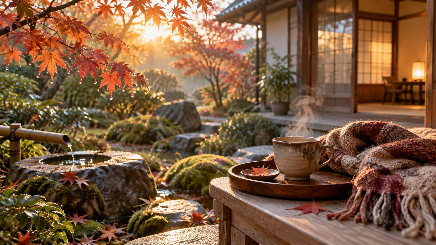 晩秋の庭を背景に、マフラーと温かい飲み物を置いた秋の朝
