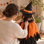 親子でハロウィンの魔女衣装を整える様子