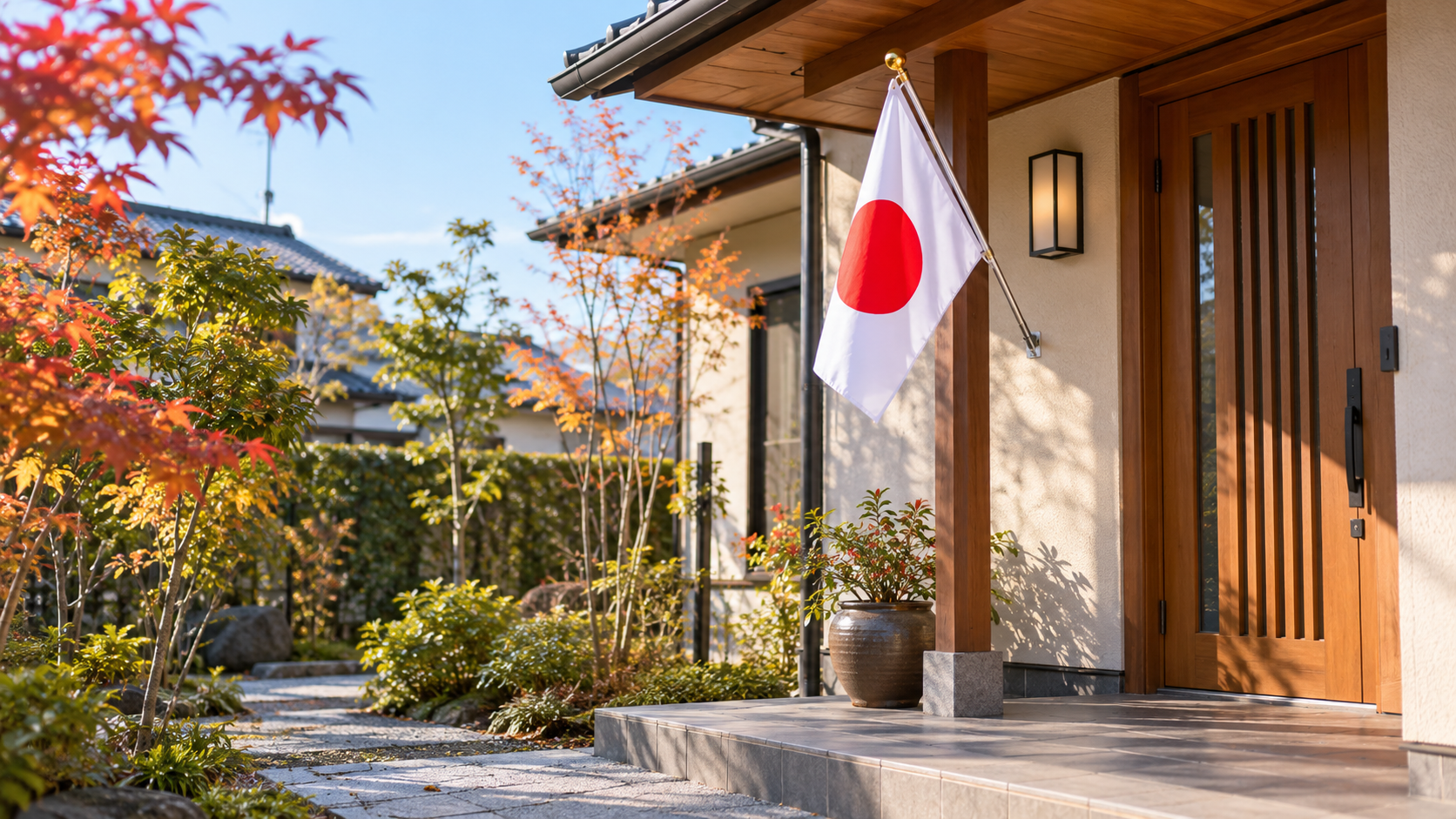 秋の朝の日本家屋の玄関に小さな国旗を掲げた様子