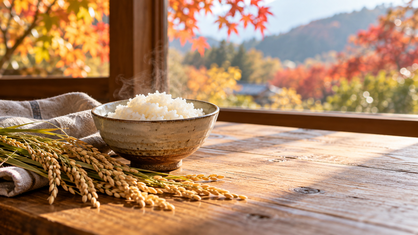 秋の窓辺で湯気の立つごはんと稲穂を置いた食卓