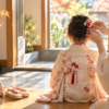 七五三の朝、親が子どもの髪飾りを整える後ろ姿