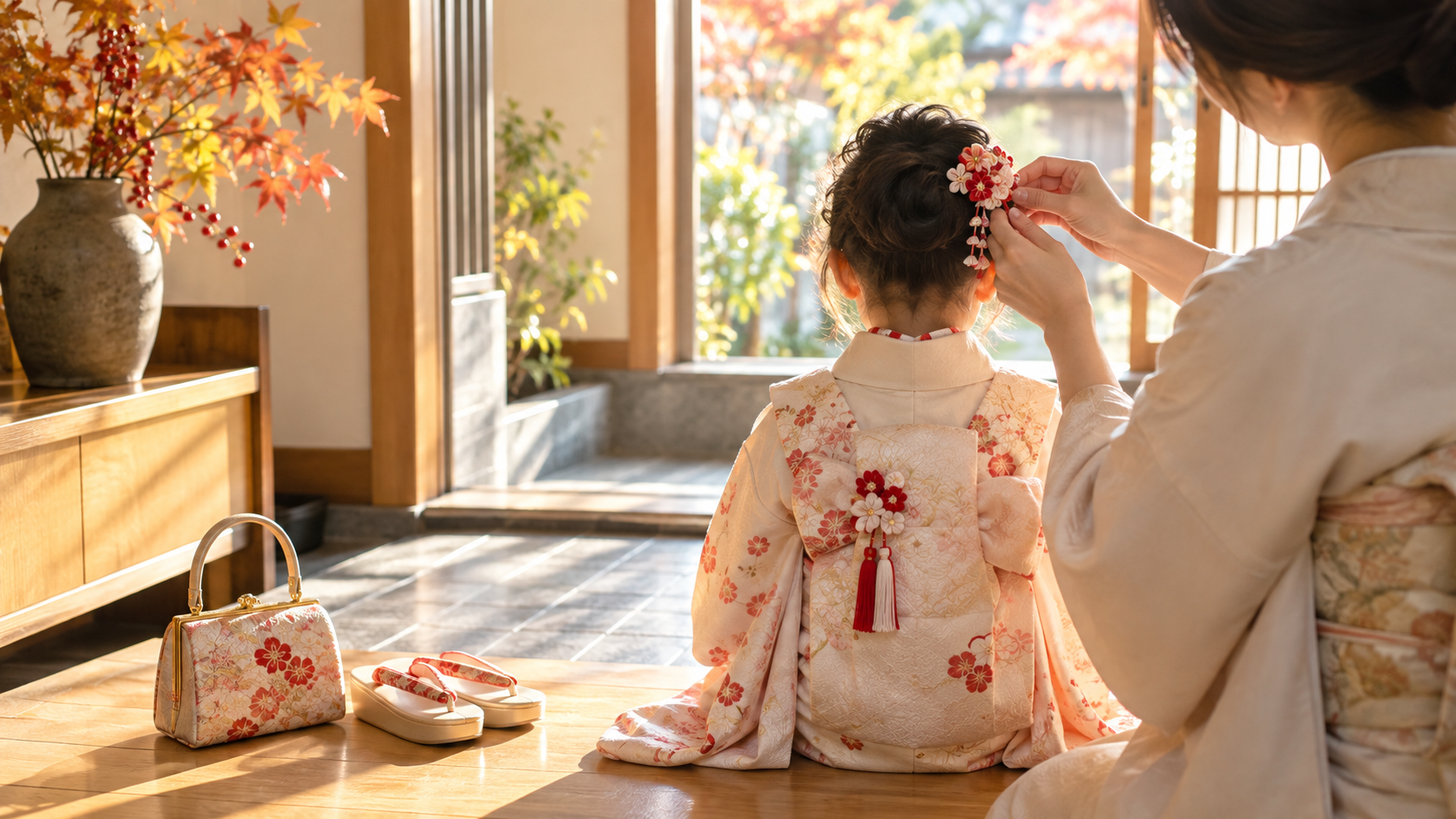七五三の朝、親が子どもの髪飾りを整える後ろ姿