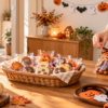 家庭のハロウィン準備で個包装のお菓子と紙袋を並べたテーブル