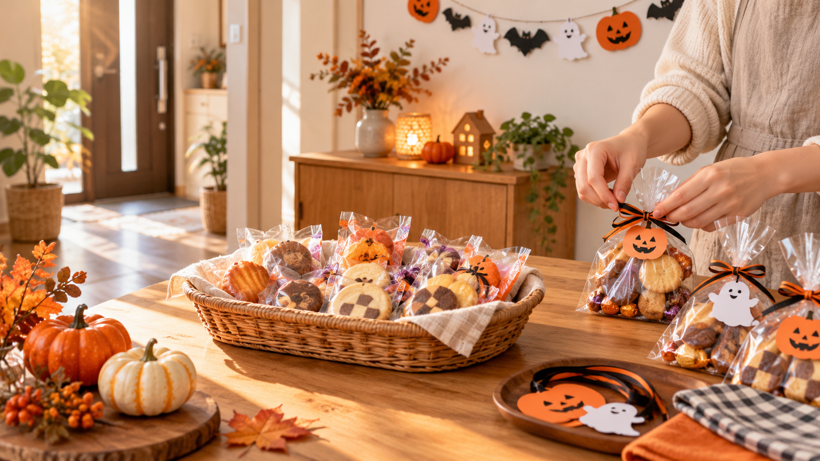 家庭のハロウィン準備で個包装のお菓子と紙袋を並べたテーブル