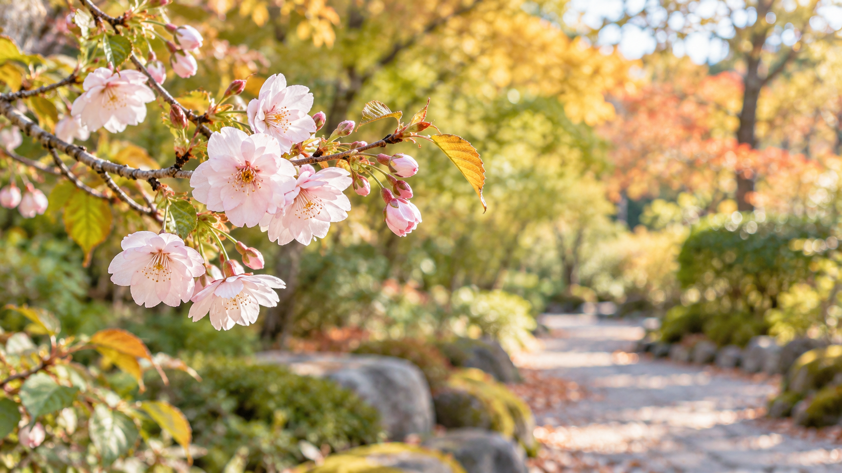 秋の庭で咲く淡いピンクの十月桜と紅葉の背景