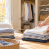 秋の衣替えで夏服をたたみクローゼットを整える様子
