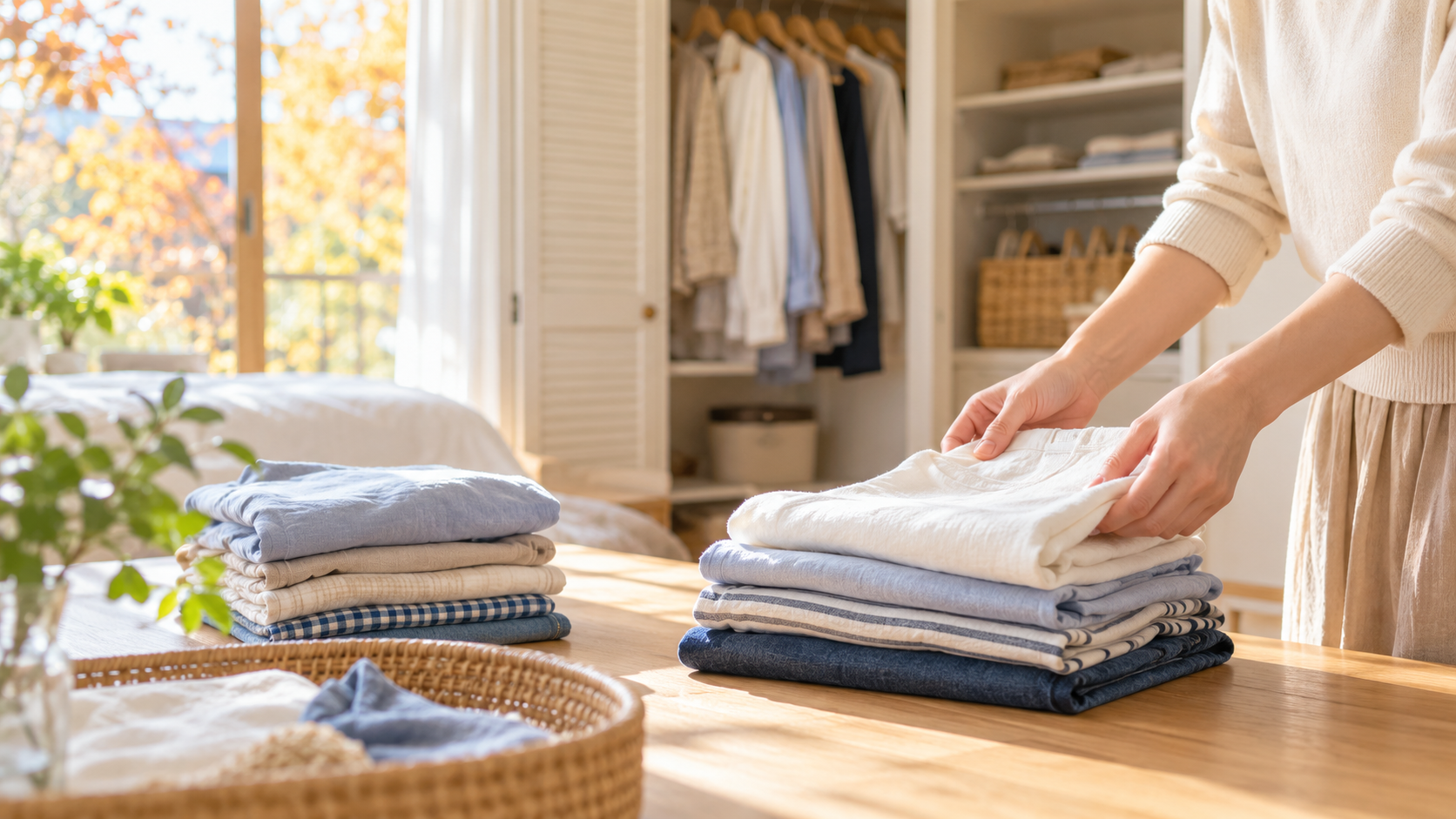 秋の衣替えで夏服をたたみクローゼットを整える様子
