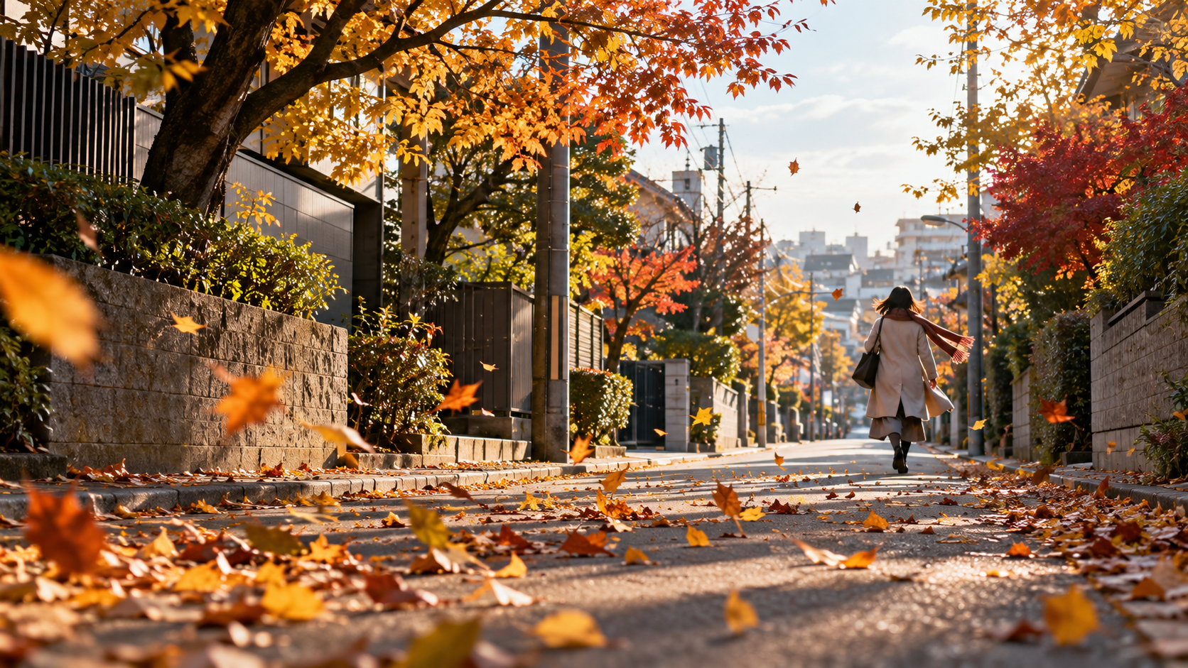 秋の住宅街で落ち葉が風に舞いコート姿の人が歩く様子