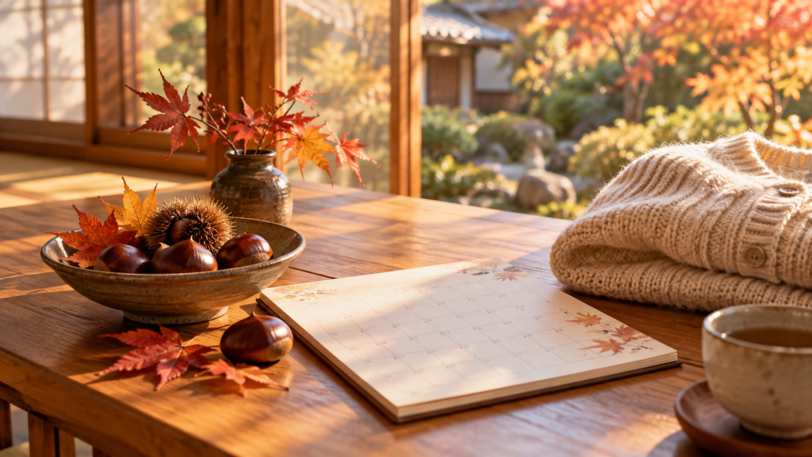 栗と紅葉、手帳、ニットを並べた秋から冬への準備を感じる食卓