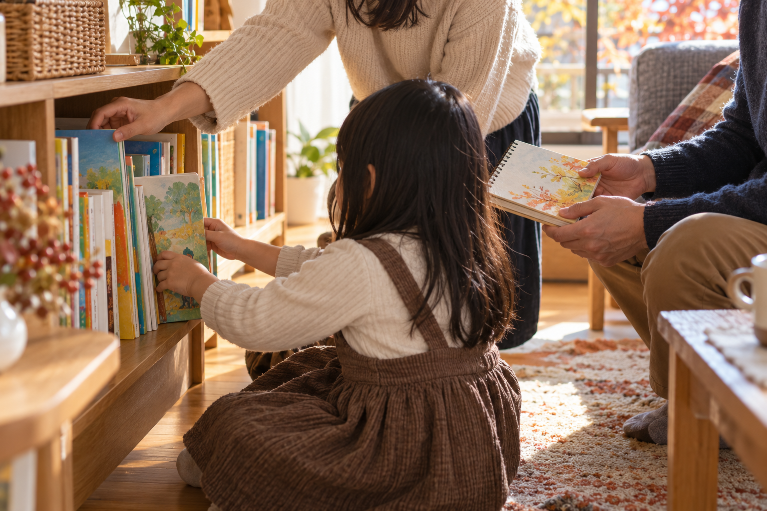 本棚から本を選ぶ親子の手元