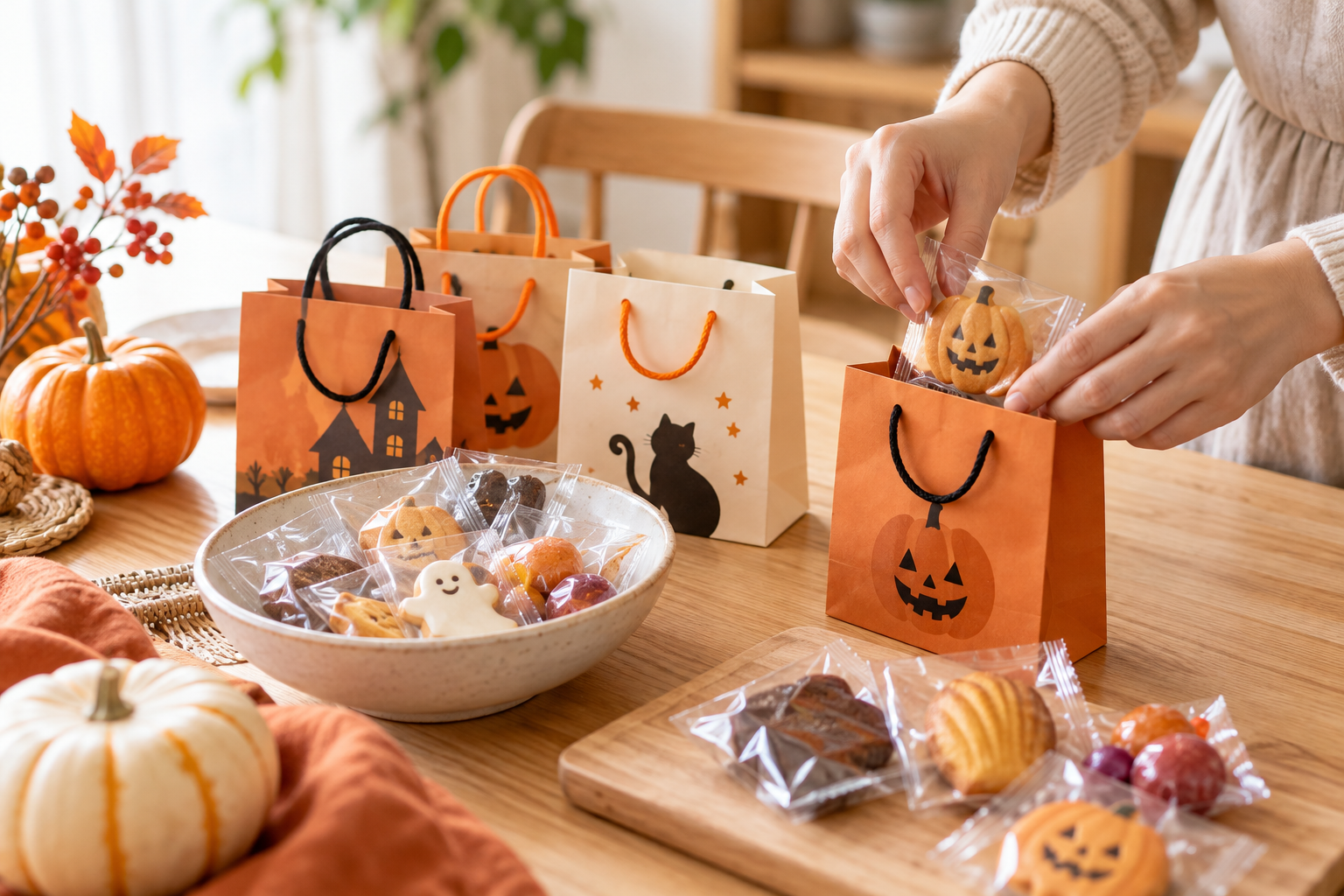 個包装のお菓子をハロウィン用の小さな袋に詰める手元