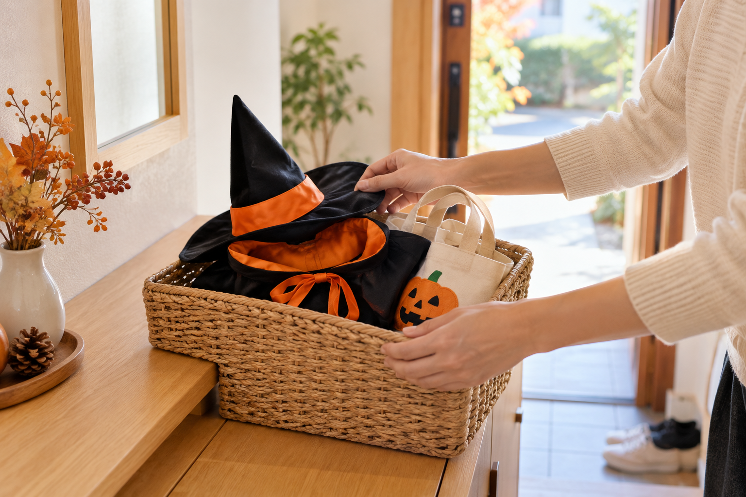 玄関でハロウィン衣装とバッグを準備する手元