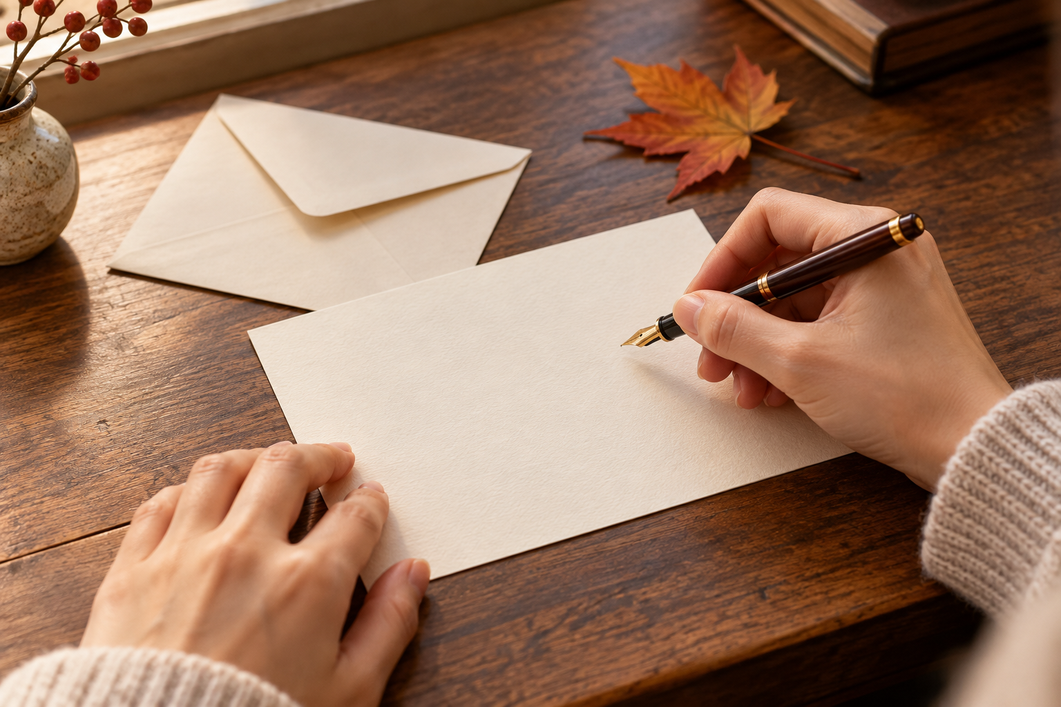 便箋に季節の挨拶を書き始める手元
