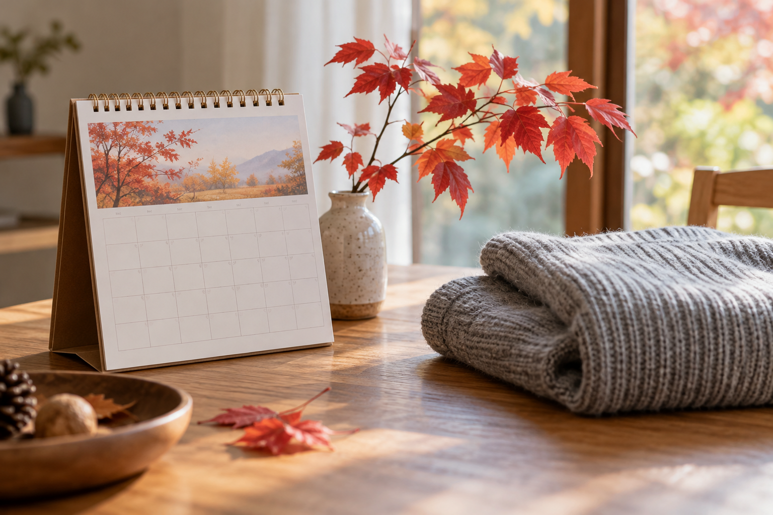 11月のカレンダーと紅葉の枝、ニットを置いた立冬のイメージ